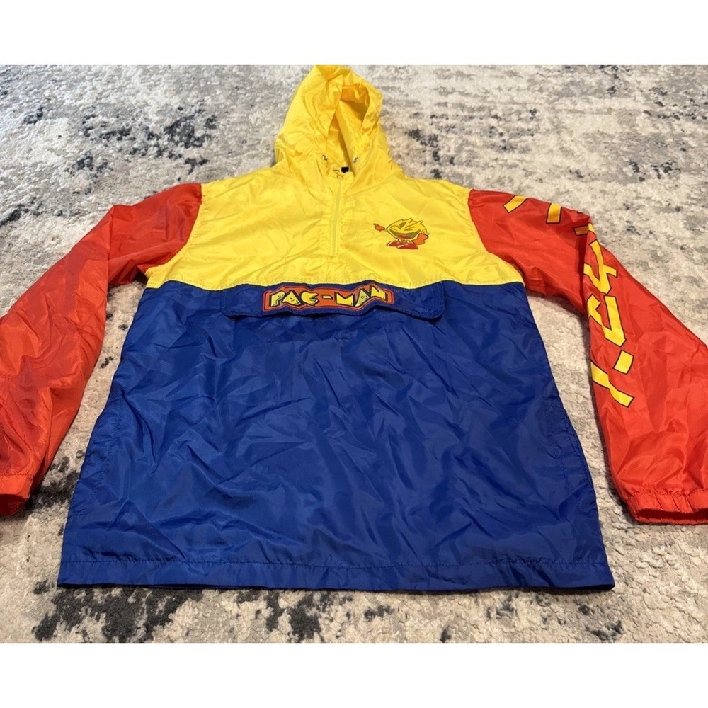Pac-Man Video Game Hoodie Windbreaker Jacket Colorblock Mens Medium Retro